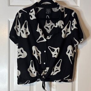 Bioworld Ghost Face Black and White  Button Down Tie-Front Shirt
